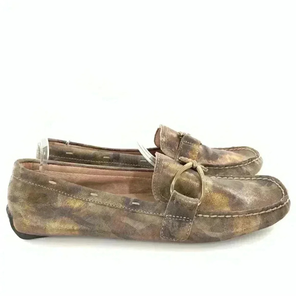 AK Anne Klein flats 8.5 Davis brown gold leather camo horsebit driving loafers - Picture 2 of 13